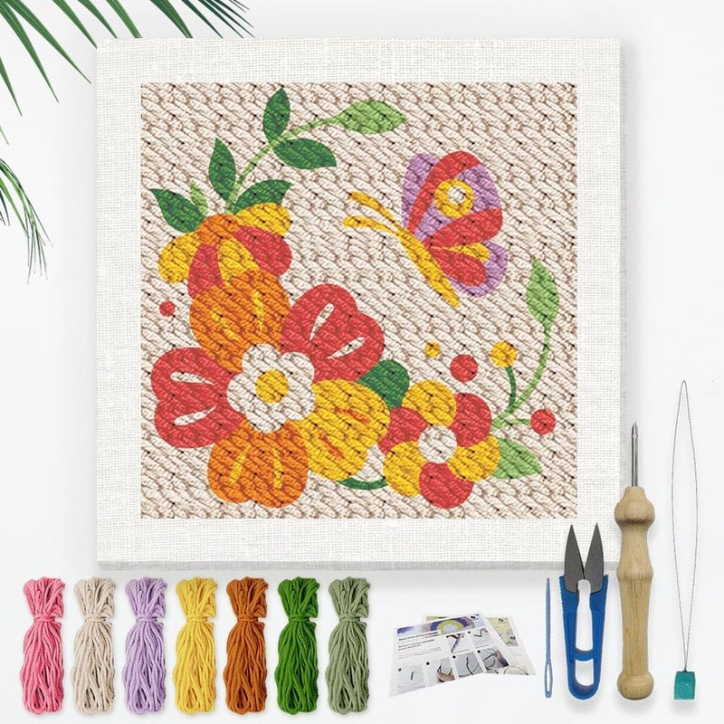 DOODLREAM DIY Punch Needle Embroidery Kit for Adult Beginner, 9.4" Flower and Butterfly Punch Stitching Craft Set for Starter with Frame, Fabric Pattern, Threader, Yarn, Pinch Needle - Image 1